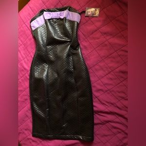 Lucky 13 Strapless Wiggle Dress Black Quilted Satin w/ Velvet Lavender Bow - L